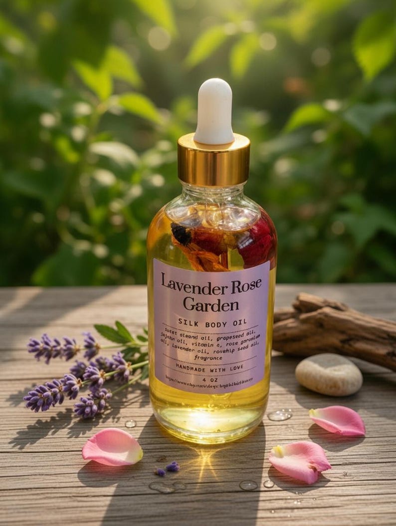 Puede incluir: Una botella de vidrio transparente de Lavender Rose Garden Silk Body Oil con tapa dorada y cuentagotas blanco. La botella contiene flores secas y est&aacute; etiquetada "HANDMADE WITH LOVE" y "4 OZ". Ramas de lavanda y p&eacute;talos de rosa est&aacute;n esparcidos alrededor de la botella.