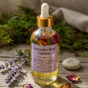 Puede incluir: Una botella de vidrio transparente de Lavender Rose Garden Silk Body Oil con tapa y cuentagotas dorados. La etiqueta enumera ingredientes como aceite de almendras dulces y aceite de lavanda. P&eacute;talos de rosa secos y ramitas de lavanda est&aacute;n dispuestos alrededor de la botella. La botella contiene 118 ml de aceite.