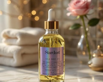 Aceite corporal Stardust Silk / Aceite corporal iluminador / Aceite corporal hidratante / Rosa geranio ylang ylang sándalo / Aceite hidratante ligero