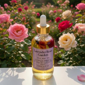 Puede incluir: Una botella de vidrio transparente de Lavender Rose Garden Silk Body Oil con tapa y cuentagotas dorados. La etiqueta es morada con texto blanco. La botella est&aacute; llena de un l&iacute;quido amarillo y p&eacute;talos de flores. El fondo presenta un jard&iacute;n de rosas.