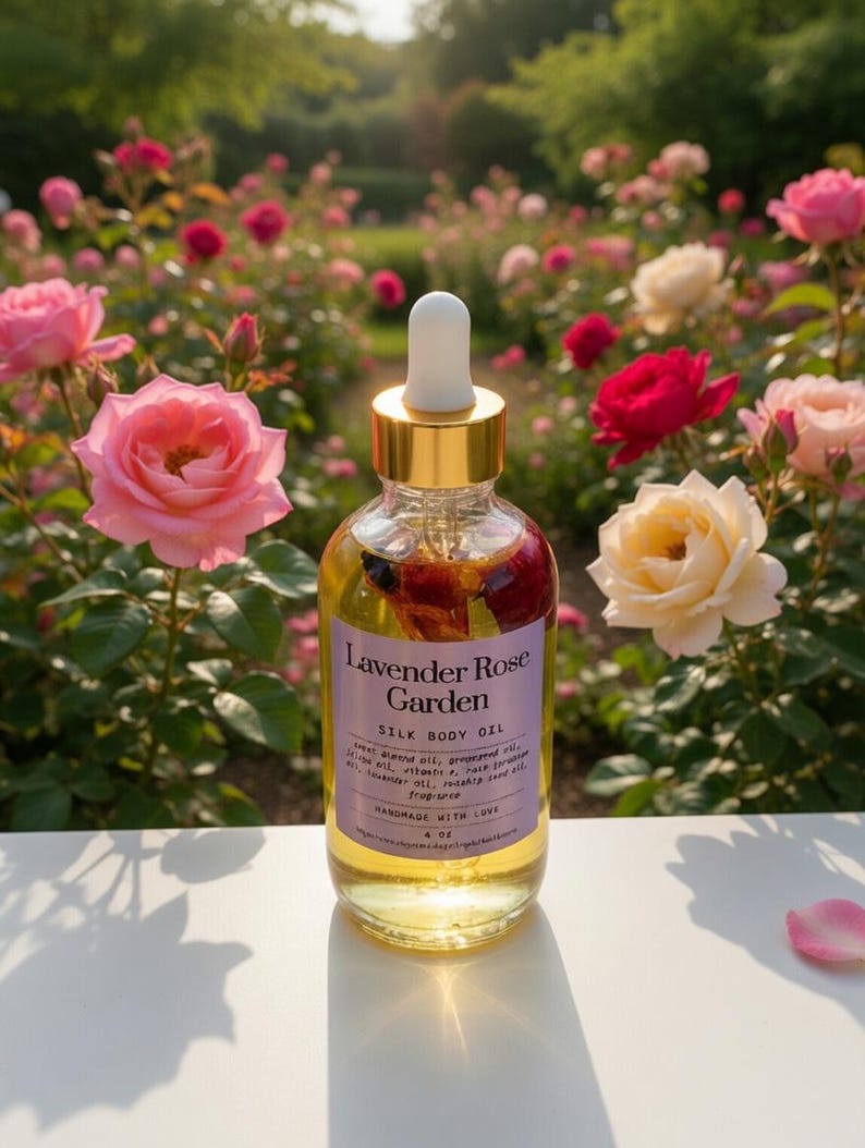 Puede incluir: Una botella de vidrio transparente de Lavender Rose Garden Silk Body Oil con tapa y cuentagotas dorados. La etiqueta es morada con texto blanco. La botella est&aacute; llena de un l&iacute;quido amarillo y p&eacute;talos de flores. El fondo presenta un jard&iacute;n de rosas.