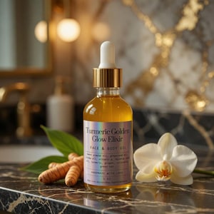 Puede incluir: Una botella de vidrio transparente de Turmeric Golden Glow Elixir para rostro y cuerpo con un cuentagotas dorado. La botella est&aacute; sobre una superficie de m&aacute;rmol junto a ra&iacute;ces de c&uacute;rcuma, una hoja verde y una orqu&iacute;dea blanca. La etiqueta dice "FACE & BODY OIL".