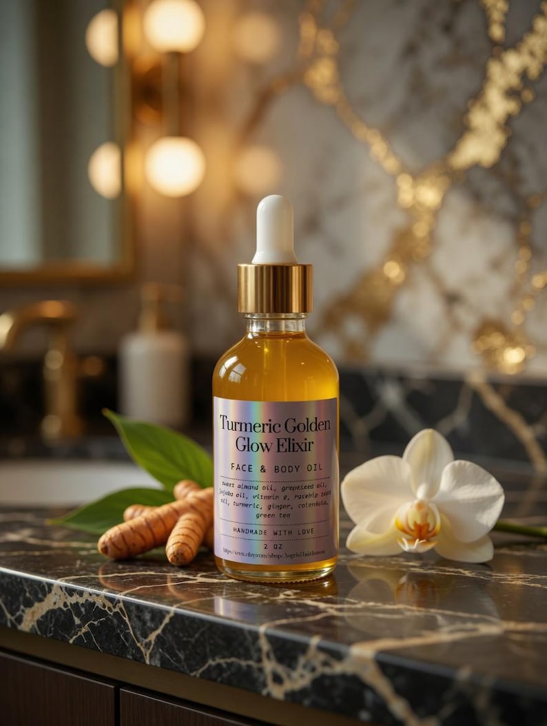 Puede incluir: Una botella de vidrio transparente de Turmeric Golden Glow Elixir para rostro y cuerpo con un cuentagotas dorado. La botella est&aacute; sobre una superficie de m&aacute;rmol junto a ra&iacute;ces de c&uacute;rcuma, una hoja verde y una orqu&iacute;dea blanca. La etiqueta dice "FACE & BODY OIL".