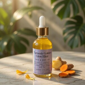 Puede incluir: Una botella de vidrio transparente de aceite facial y corporal Turmeric Golden Glow Elixir con un cuentagotas dorado. La etiqueta enumera ingredientes como aceite de almendras dulces y c&uacute;rcuma. Ra&iacute;z de c&uacute;rcuma en rodajas y p&eacute;talos de flores amarillas junto a la botella.