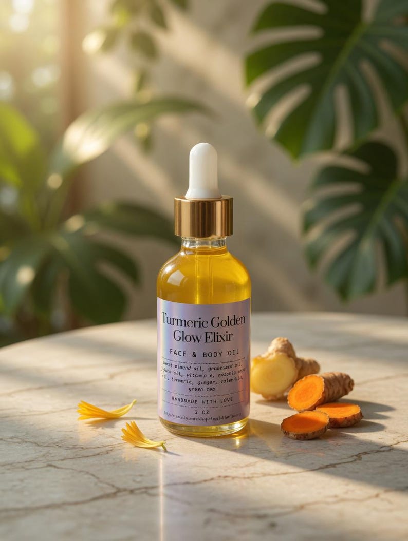 Puede incluir: Una botella de vidrio transparente de aceite facial y corporal Turmeric Golden Glow Elixir con un cuentagotas dorado. La etiqueta enumera ingredientes como aceite de almendras dulces y c&uacute;rcuma. Ra&iacute;z de c&uacute;rcuma en rodajas y p&eacute;talos de flores amarillas junto a la botella.