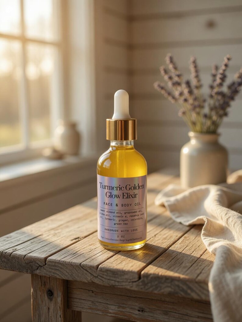Puede incluir: Una botella de vidrio transparente de aceite facial y corporal Turmeric Golden Glow Elixir con una tapa dorada. La etiqueta enumera los ingredientes y dice "hecho a mano con amor". La botella est&aacute; sobre una mesa de madera r&uacute;stica.