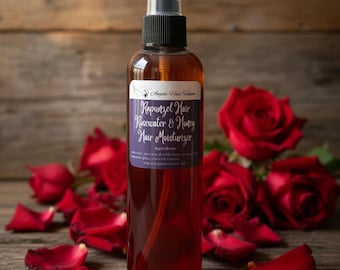 Crema hidratante para el cabello Rapunzel con agua de rosas y miel: Mezcla hidratante para todo tipo de cabello con aceite de clavo, hibisco, té verde, jengibre y aloe vera.