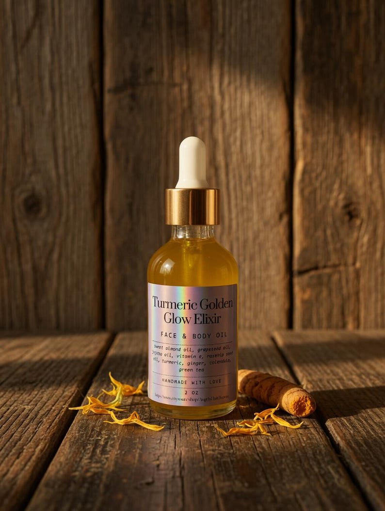 Puede incluir: Una botella de vidrio transparente de aceite facial y corporal Turmeric Golden Glow Elixir con un cuentagotas dorado. La etiqueta enumera ingredientes como aceite de almendras dulces y c&uacute;rcuma. La botella es de 60 ml y est&aacute; sobre madera.