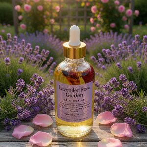 Puede incluir: Una botella de vidrio transparente de aceite corporal de seda Lavender Rose Garden con tapa y cuentagotas dorados. La etiqueta es morada y blanca. Rodeada de lavanda, p&eacute;talos de rosas rosas y un jard&iacute;n.