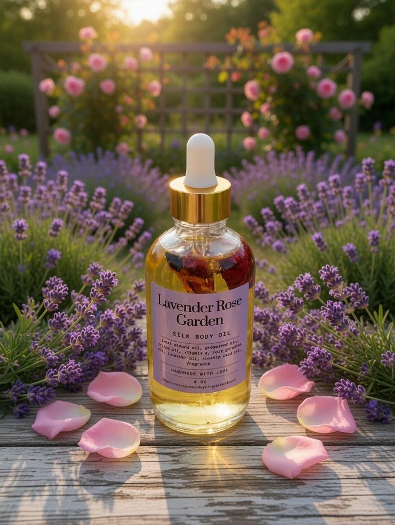 Puede incluir: Una botella de vidrio transparente de aceite corporal de seda Lavender Rose Garden con tapa y cuentagotas dorados. La etiqueta es morada y blanca. Rodeada de lavanda, p&eacute;talos de rosas rosas y un jard&iacute;n.