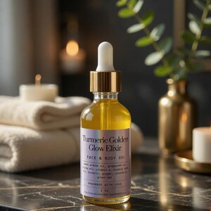 Puede incluir: Una botella de vidrio transparente de aceite facial y corporal Turmeric Golden Glow Elixir con tapa y cuentagotas dorados. La etiqueta es lavanda con texto blanco. La botella es de 59 ml y est&aacute; hecha a mano con amor.
