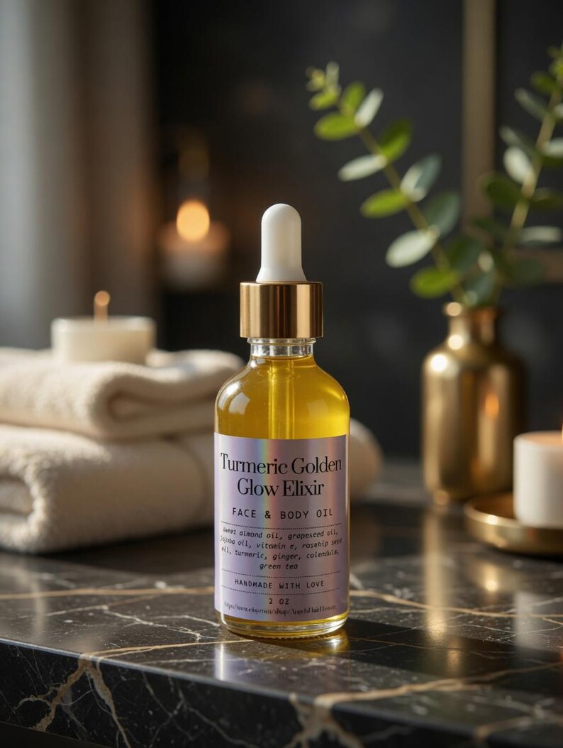 Puede incluir: Una botella de vidrio transparente de aceite facial y corporal Turmeric Golden Glow Elixir con tapa y cuentagotas dorados. La etiqueta es lavanda con texto blanco. La botella es de 59 ml y est&aacute; hecha a mano con amor.