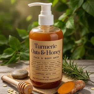 May include: A clear bottle of Turmeric Oats & Honey Face & Body Wash with a white pump dispenser. The label lists ingredients like turmeric, honey, and oatmeal. A wooden honey dipper rests on a small burlap square with oats and honey. A piece of turmeric root is also visible.