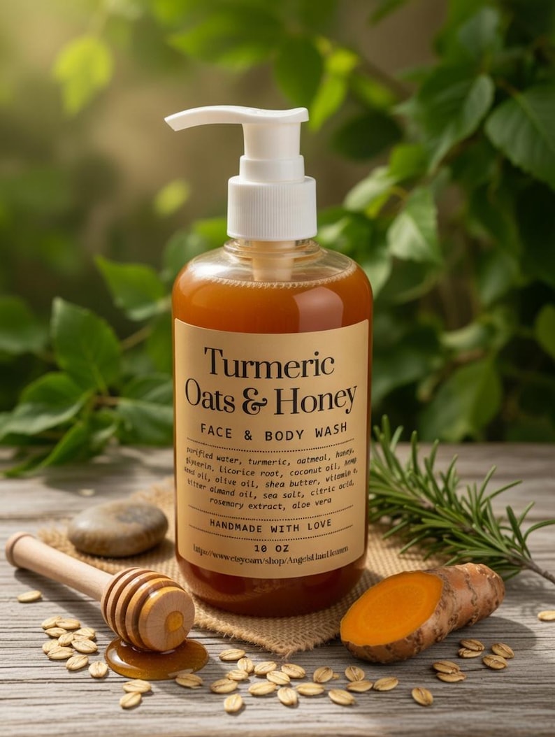 May include: A clear bottle of Turmeric Oats & Honey Face & Body Wash with a white pump dispenser. The label lists ingredients like turmeric, honey, and oatmeal. A wooden honey dipper rests on a small burlap square with oats and honey. A piece of turmeric root is also visible.