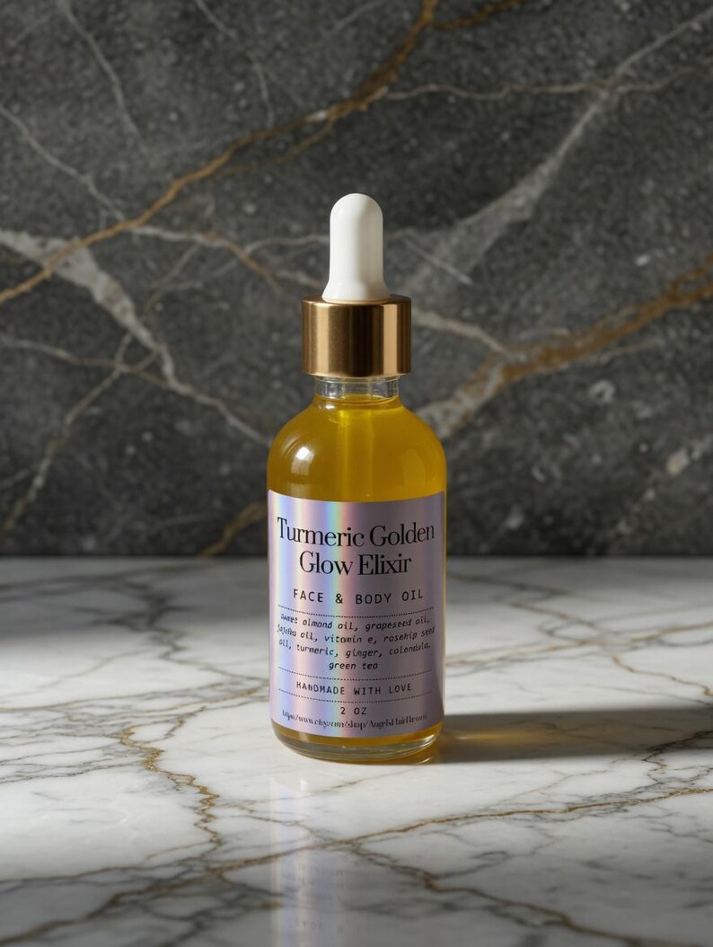 Puede incluir: Una botella de vidrio transparente de aceite facial y corporal Turmeric Golden Glow Elixir. La botella tiene un cuentagotas blanco y una tapa dorada. La etiqueta es lavanda con texto blanco. El fondo es un patr&oacute;n de m&aacute;rmol.
