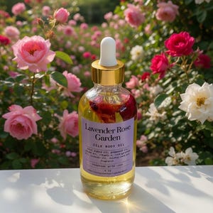Puede incluir: Una botella de vidrio transparente de Lavender Rose Garden Silk Body Oil con tapa dorada y cuentagotas blanco. La botella contiene un l&iacute;quido amarillo con p&eacute;talos de flores. El fondo presenta un exuberante jard&iacute;n de rosas rosas y rojas.