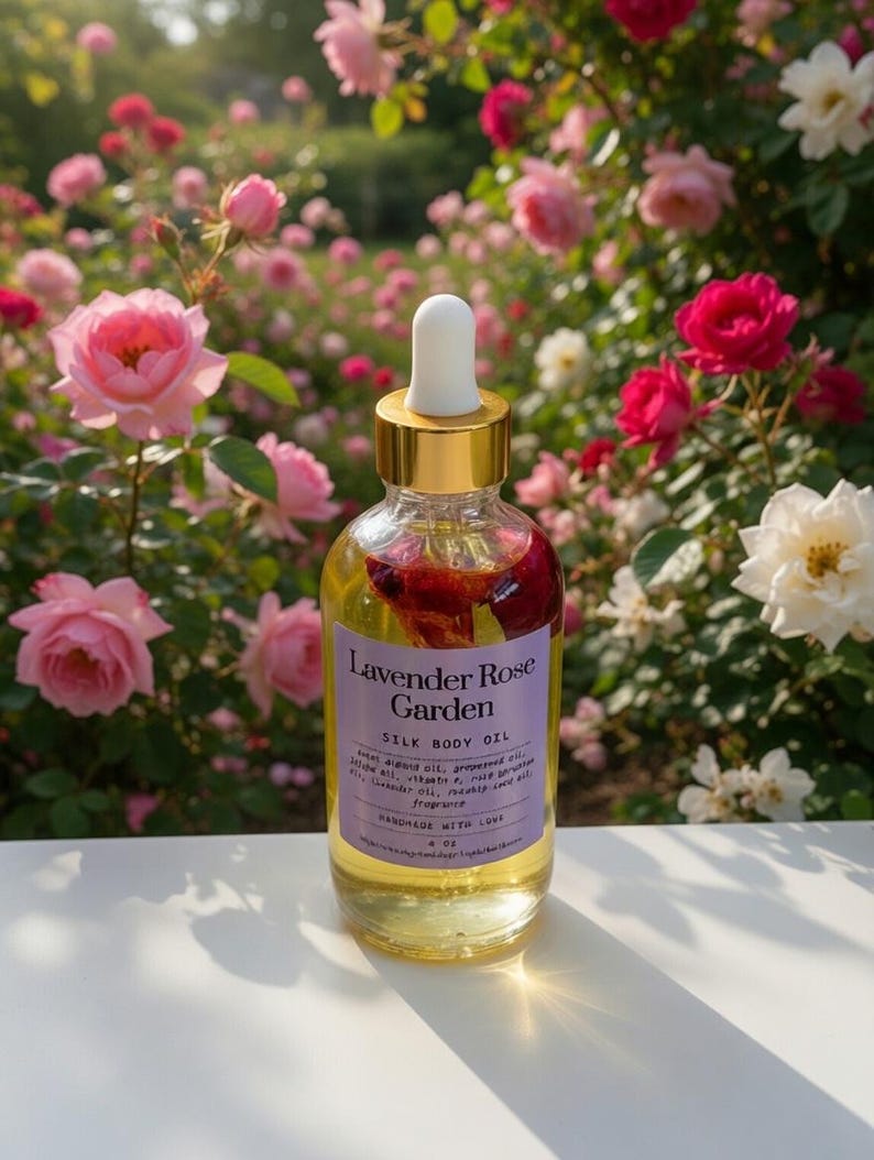 Puede incluir: Una botella de vidrio transparente de Lavender Rose Garden Silk Body Oil con tapa dorada y cuentagotas blanco. La botella contiene un l&iacute;quido amarillo con p&eacute;talos de flores. El fondo presenta un exuberante jard&iacute;n de rosas rosas y rojas.