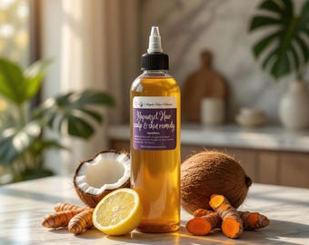 Dandruff and scalp care oil with coconut oil, black seed oil, apple cider vinegar, turmeric, Helps Reduce Flakes, Dryness, scalp irritation