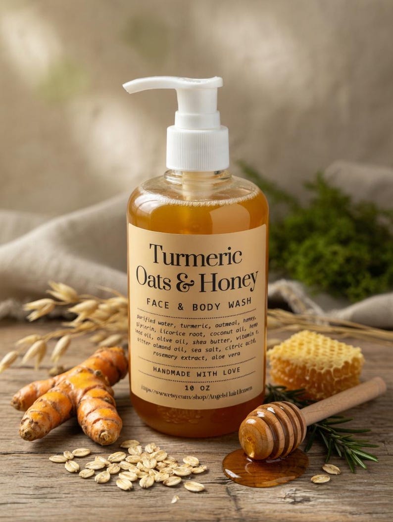 May include: A bottle of Turmeric Oats & Honey Face & Body Wash with a white pump. The label lists ingredients including turmeric, oatmeal, and honey. The image includes turmeric roots, oats, honeycomb, and a honey dipper.