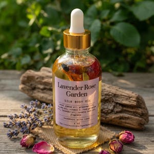 Puede incluir: Una botella de vidrio transparente de Lavender Rose Garden Silk Body Oil con tapa dorada y cuentagotas blanco. La etiqueta enumera ingredientes como aceite de almendras dulces y aceite de semilla de rosa mosqueta. Lavanda seca y capullos de rosa.