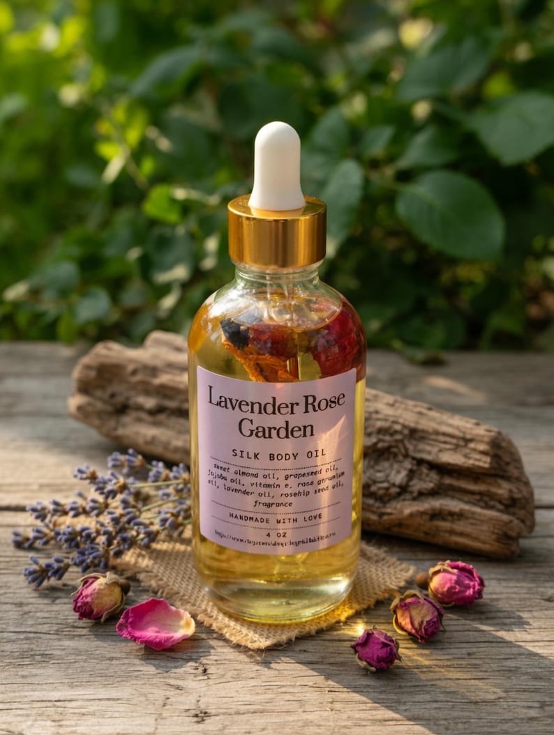 Puede incluir: Una botella de vidrio transparente de Lavender Rose Garden Silk Body Oil con tapa dorada y cuentagotas blanco. La etiqueta enumera ingredientes como aceite de almendras dulces y aceite de semilla de rosa mosqueta. Lavanda seca y capullos de rosa.