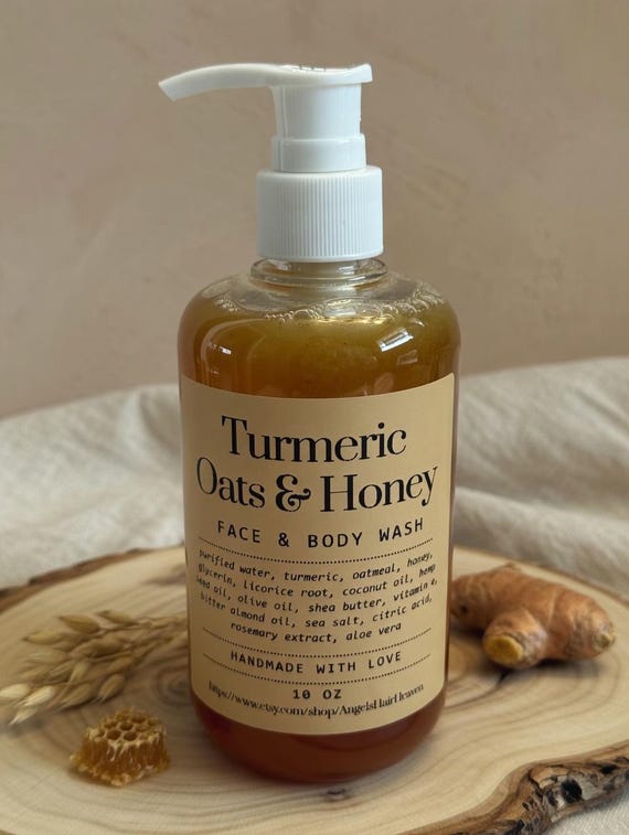 Turmeric Oatmeal Honey Liquid Soap – Brightening Face & Body Wash – Licorice Root Shea Butter Skin Nourishing Cleanser