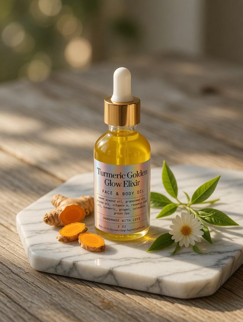 Puede incluir: Una botella de vidrio transparente de aceite facial y corporal Turmeric Golden Glow Elixir con un cuentagotas dorado. La botella est&aacute; sobre una bandeja de m&aacute;rmol blanco con ra&iacute;z y rodajas de c&uacute;rcuma, una margarita y hojas verdes. La etiqueta dice "FACE & BODY OIL".