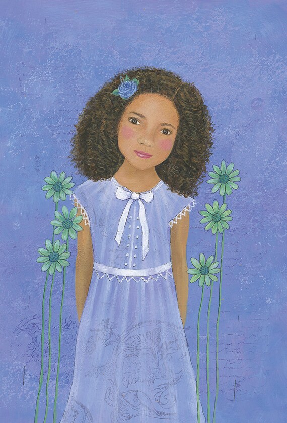 Card Flower Girl Dual Heritage Girl Blue Flowers Green Etsy
