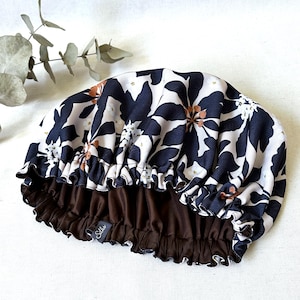 Luxury Shower Cap Flower Print, Lemon Print, Palm Tree, Hair Treatment, Soft Comfortable Outer & Waterproof Inner Bathroom Gift Floral Meadow - Grey