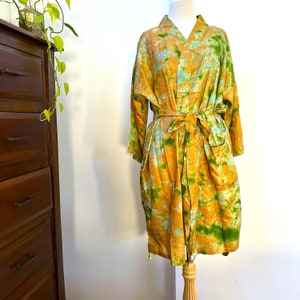 Silk Kimono Robe, Dressing Robe, Women's Lounge Wear, Kimono Jacket, Duster Robe, Silk Bridal Robe, Silk Wear, Gift for Her, Christmas Gift Rust Green/Tie Dye