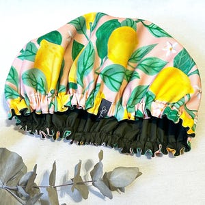 Luxury Shower Cap Flower Print, Lemon Print, Palm Tree, Hair Treatment, Soft Comfortable Outer & Waterproof Inner Bathroom Gift Lemon Print
