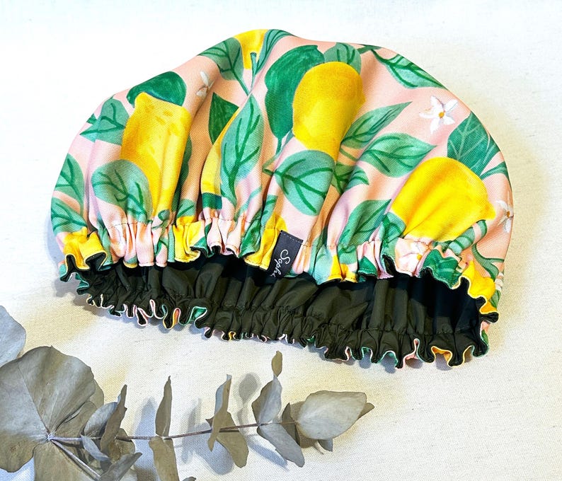 Luxury Shower Cap Flower Print, Lemon Print, Palm Tree, Hair Treatment, Soft Comfortable Outer & Waterproof Inner Bathroom Gift Lemon Print