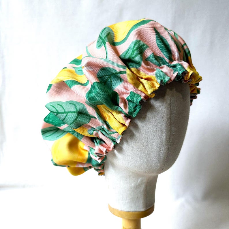 Luxury Shower Cap Flower Print, Lemon Print, Palm Tree, Hair Treatment, Soft Comfortable Outer & Waterproof Inner Bathroom Gift image 5