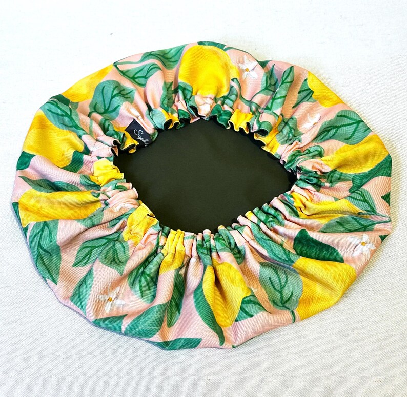 Luxury Shower Cap Flower Print, Lemon Print, Palm Tree, Hair Treatment, Soft Comfortable Outer & Waterproof Inner Bathroom Gift image 7