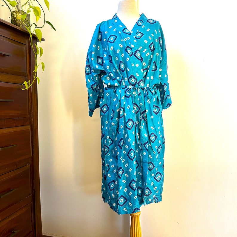 Silk Kimono Robe, Dressing Robe, Women's Lounge Wear, Kimono Jacket, Duster Robe, Silk Bridal Robe, Silk Wear, Gift for Her, Christmas Gift Turquoi Blue/Shibori