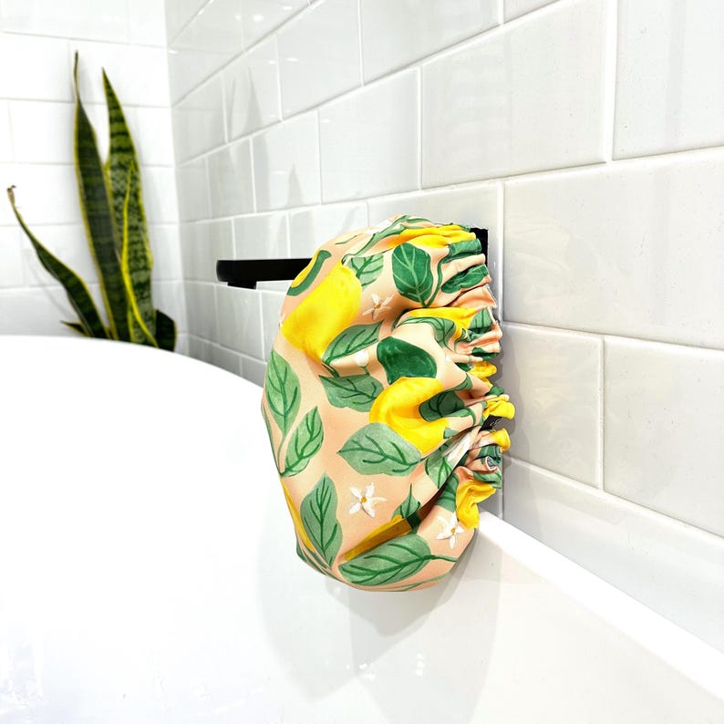 Luxury Shower Cap Flower Print, Lemon Print, Palm Tree, Hair Treatment, Soft Comfortable Outer & Waterproof Inner Bathroom Gift image 1
