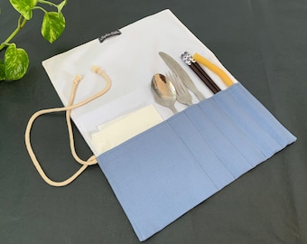 Cutlery Roll Travel Utensil Case, Washable Cotton Linen Wrap
