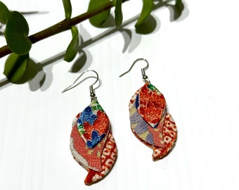 Kimono Earrings, Fish Shape Earrings, Unique Earrings, Recycled Kimono, Light Weight, Colorful, Textile Earrings, Leaf Shape, Christmas Gift