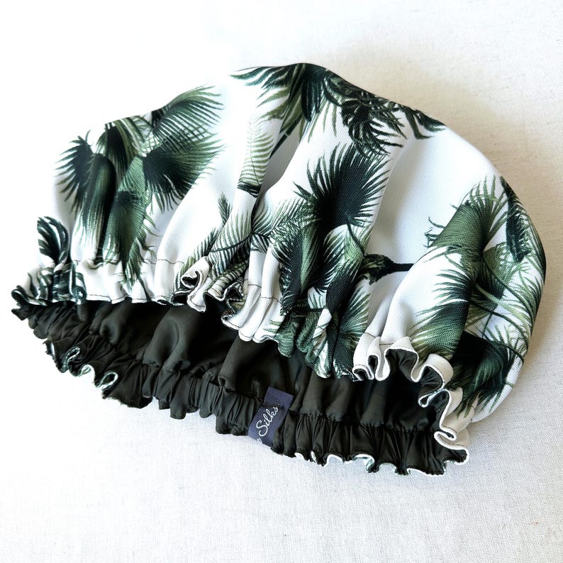 Luxury Shower Cap Flower Print, Lemon Print, Palm Tree, Hair Treatment, Soft Comfortable Outer & Waterproof Inner Bathroom Gift Palm Tree Print