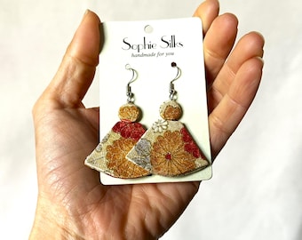 Kimono Fabric Earrings: Fan Shape, Lightweight, Stainless Steel Hooks