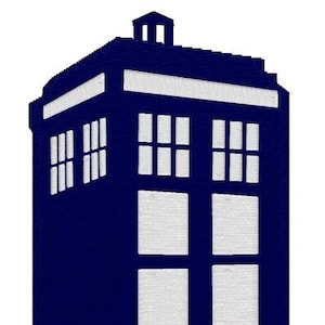 Puede incluir: Una silueta azul y blanca de una cabina de policía, una imagen común en la serie de televisión de ciencia ficción británica Doctor Who.