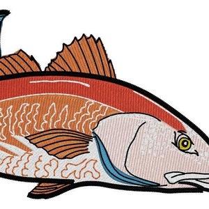 May include: An embroidered illustration of a redfish, a popular game fish found in the Gulf of Mexico. The fish is depicted in a realistic style with orange, red, and white scales.