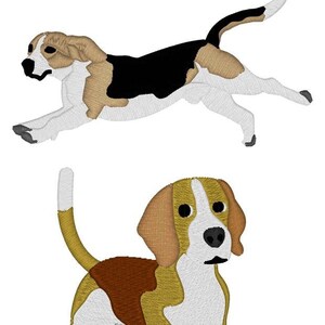 May include: Three illustrations of beagle dogs in different poses. The top dog is running with its tongue out. The middle dog is standing with its head tilted. The bottom dog is standing with its head down and holding a ball in its mouth.