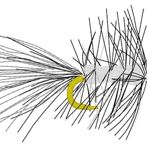 May include: A black and white fly fishing lure with a yellow body and a long tail of black and white feathers.