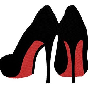 May include: A pair of black high-heeled shoes with red soles.