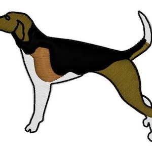 May include: A black, brown, and white stylized illustration of a Bloodhound dog running.