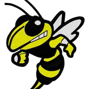 May include: A cartoon yellow and black wasp with white wings. The wasp has a menacing expression and is flying with its wings spread.