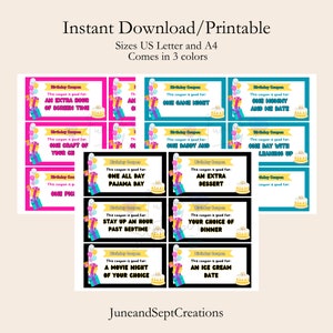 Kids Birthday Coupon, Birthday Vouchers, Birthday Present, Gift, Instant Download