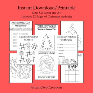 May include: A set of 22 printable Christmas activity pages for kids. The pages include a message decoder, tic-tac-toe, word scramble, decorate the Christmas tree, and a connect-the-dots activity. The pages are black and white and feature Christmas-themed illustrations.
