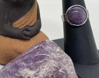 Healing Amethyst Crystal and Stainless Steel Adjustable Ring